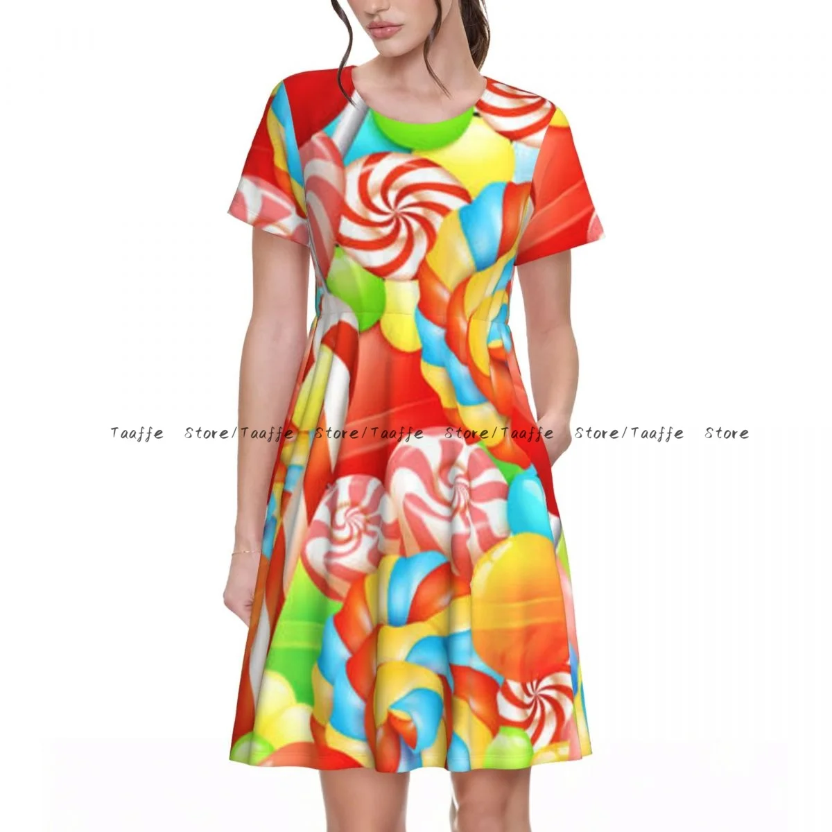 Vestido de cintura de manga corta de verano para mujer, dulces caramelos coloridos, piruletas y bonsái, ilustración, vestido informal con cuello redondo