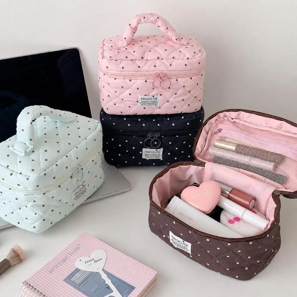 New Polka Dot Pattern Quilted Makeup Bag Large Capacity With Handle Cosmetic Bag Multipurpose Travel Toiletry Organizer Women