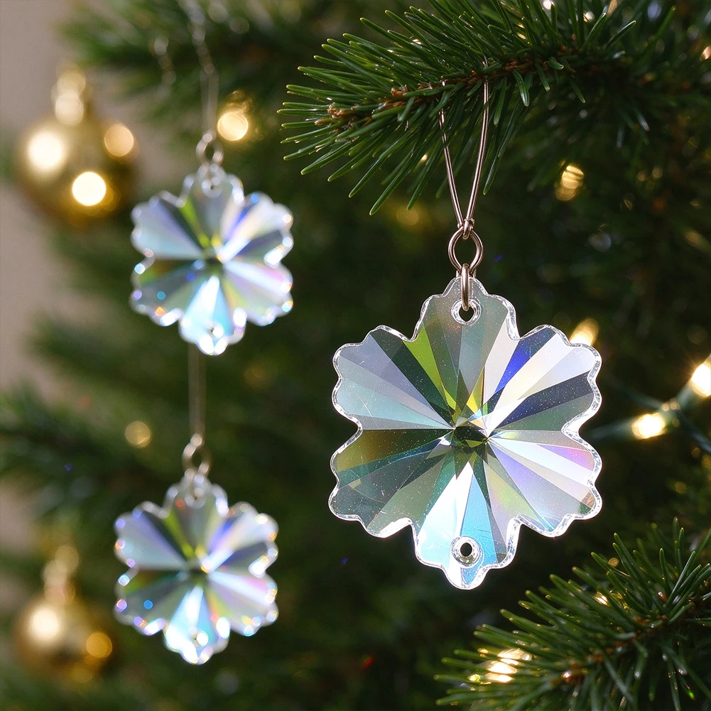 6PCS Clear Snowflake Suncatcher Crystal Prisms Vibrant Rainbow Display Hanging DIY Wind Chimes Chandelier Christmas Decor 2 Hole