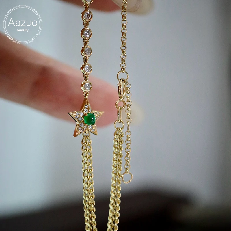 Aazuo High Quality Fashion 18K Yellow Gold Real Diamonds Natural Emerald Lovely Star Bracelet Gifted For Women High Cass Banquet