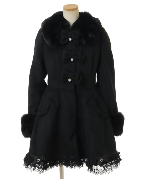 Japanese Mine Style Mass-produced Sweet Lolita Woolen Coat Women's Bow Fur Collar Mid-Length A-Line Overcoat Autumn and Winter