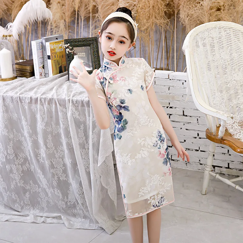 

Vintage Old Shanghai Lace Embroider Qipao Elegant Girl Cheongsam Kids Mandarin Collar Cute Children Chinese Dress Vestidos