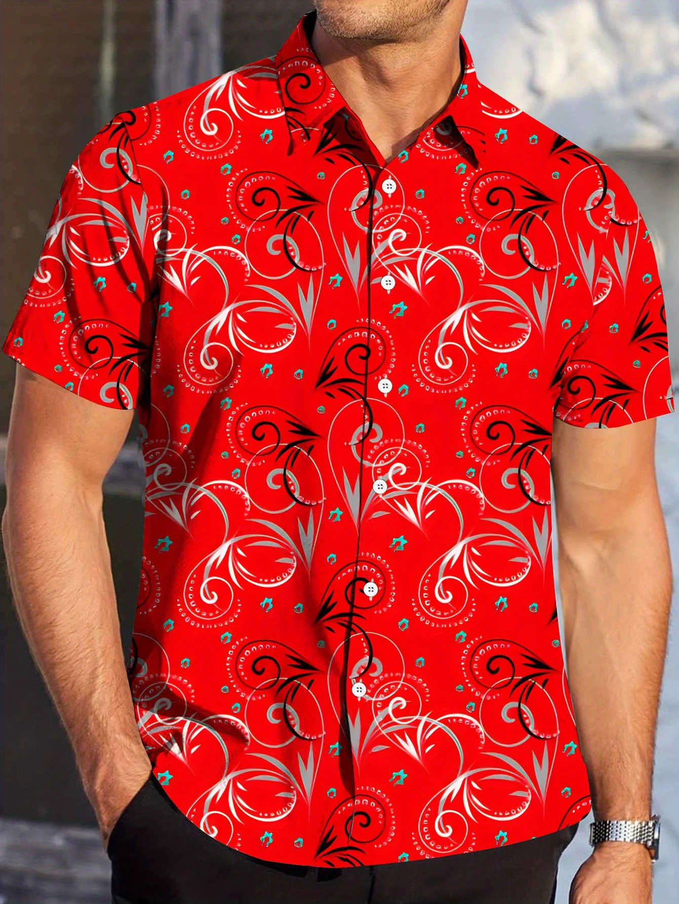 Men Short Sleeve Button Down Shirt Red Paisley Swirl Print Polyester Lapel Collar Casual Beach