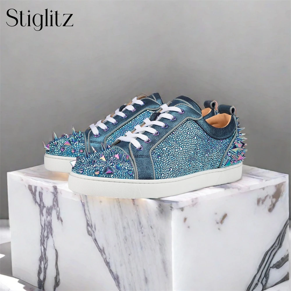 

Colorful Rhinestone Rivet Sneakers Round Toe Lace-Up Flats Fashion Designer Style Luxury Shoes for Men and Women Handmade Shoes