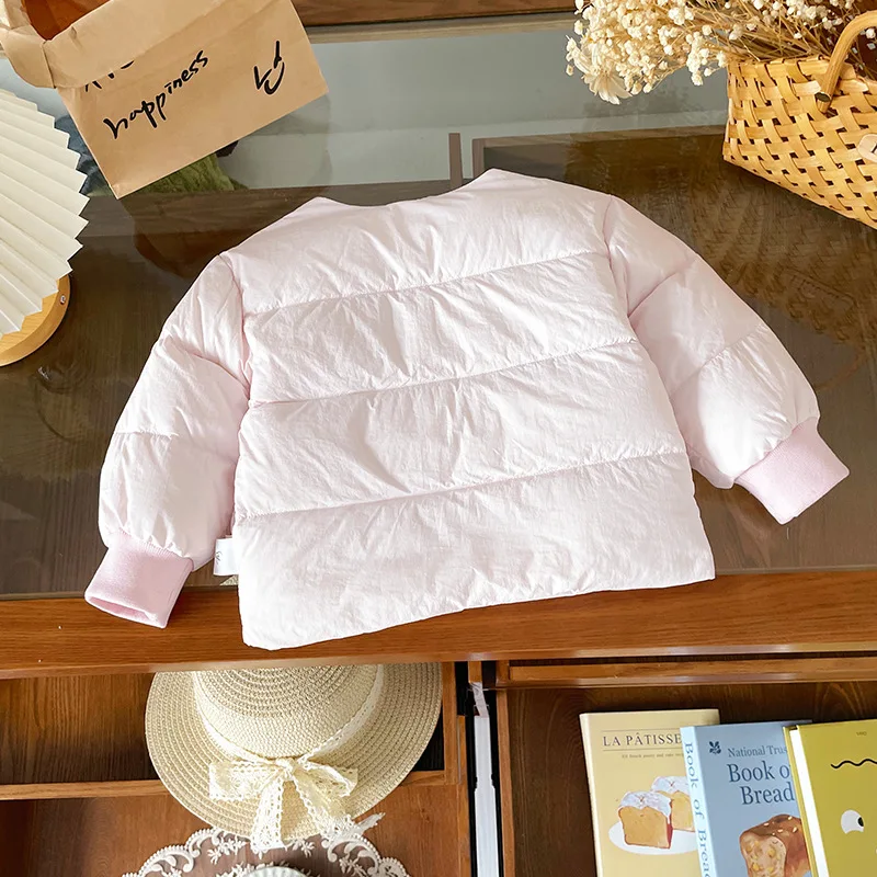 Girls Pink Puffer Jacket Solid Cute O-neck Rabbit White Duck Down Coats 1-6Y Children Winter Warm Lightweight Down-Filled Coat
