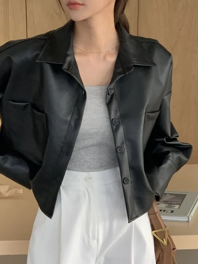 Elegancki płaszcz damski w stylu vintage z imitacji skóry PU, z kołnierzem, pojedynczym zapięciem na zamek, luźny krój, uniwersalny płaszcz na jesień.