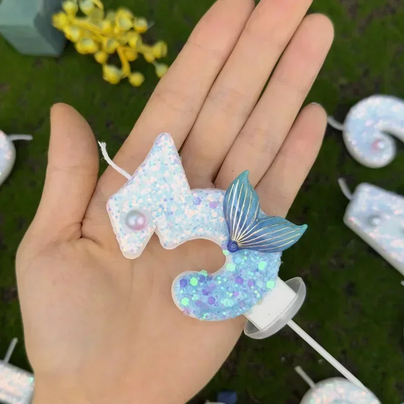 Digital Birthday Candles Cake Mermaid Tail Glitter Candle  Decoration DIY Baking Supplies for Wedding Anniversary Celebration