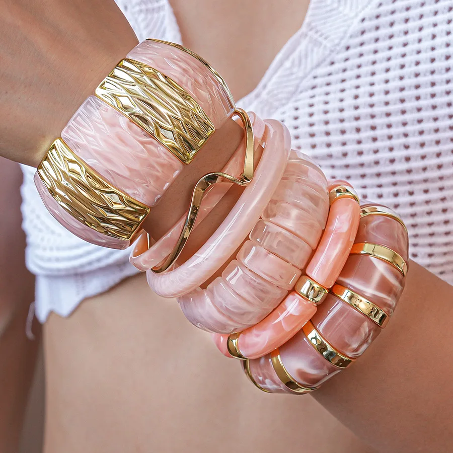 Pink Acrylic Resin Smudging Bangles for Women Girls Stacked Irregular Geometric Square Elastic Bracelets Punk Wristband Jewelry