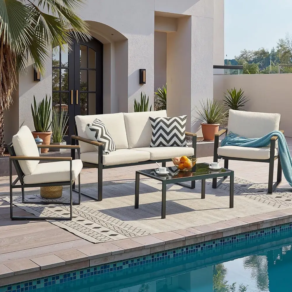 

4-Piece Metal Outdoor Patio Furniture Set with Sectional, Wooden Armrests, Sling Mesh, and 4 Olefin Cushions