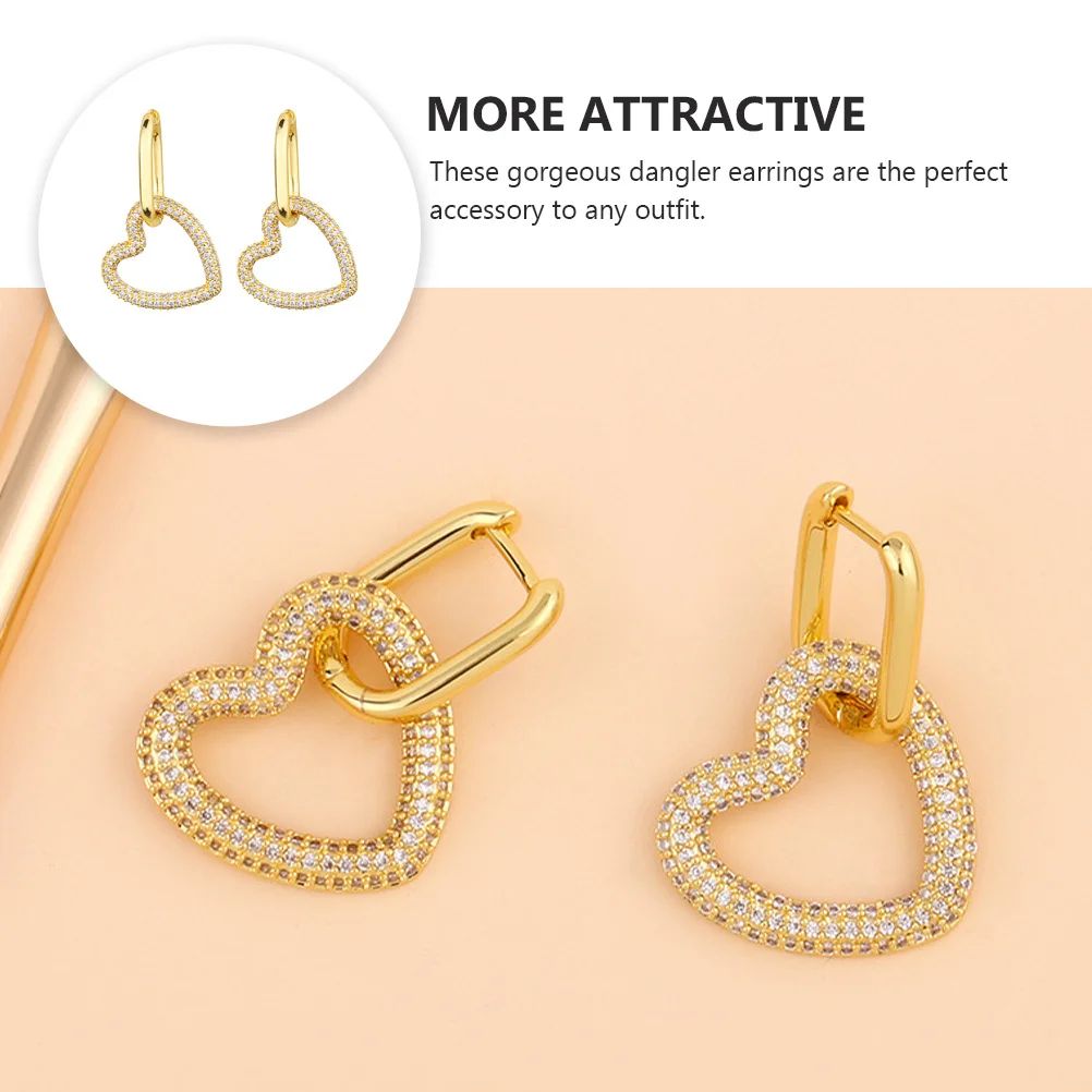 

1 Pair Love Heart Earrings Golden Copper Dangle For Women Festival Gift Rhinestone Pendant Ear Jewelry Trendy Dangler Lady'S