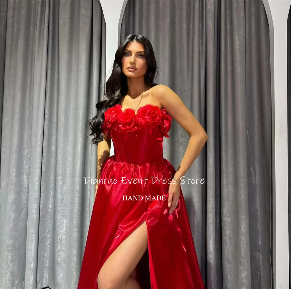 Dianruo Sexy Red Long Evening Dresses Side Split 3D Flowers Prom Gowns Strapless Charming Satin Robe De Soirée Femme Customized