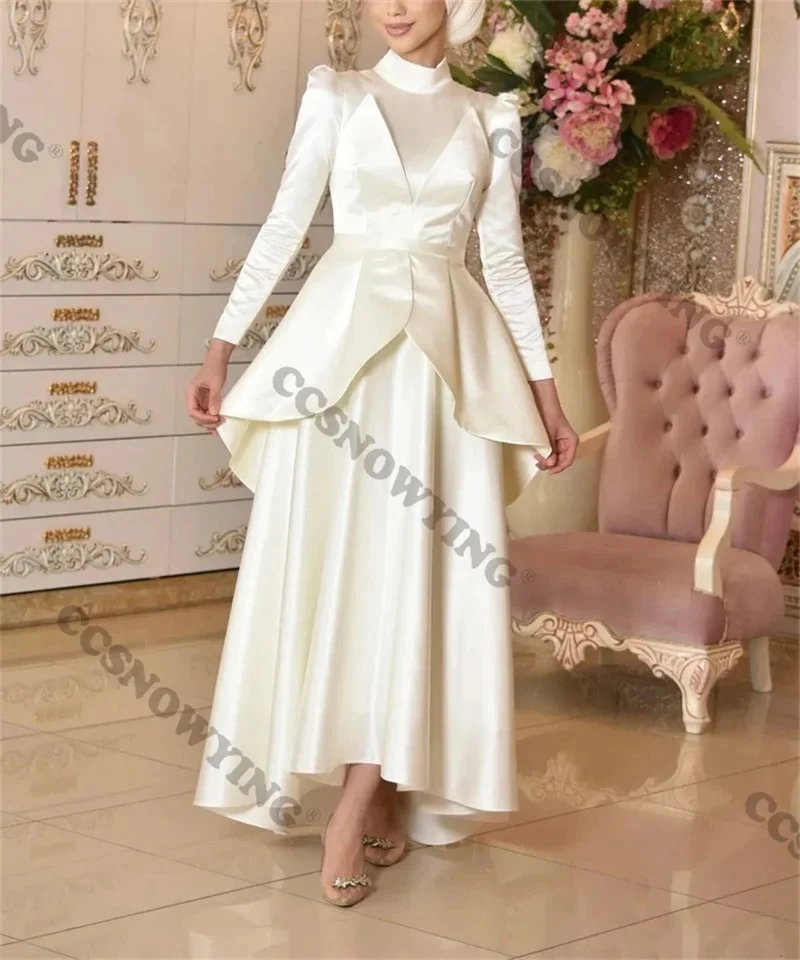 

Fashion Satin Long Sleeve Hijab Muslim Evening Dresses High Neck Women Formal Party Gown Arabic Dubai Robe De Soiree