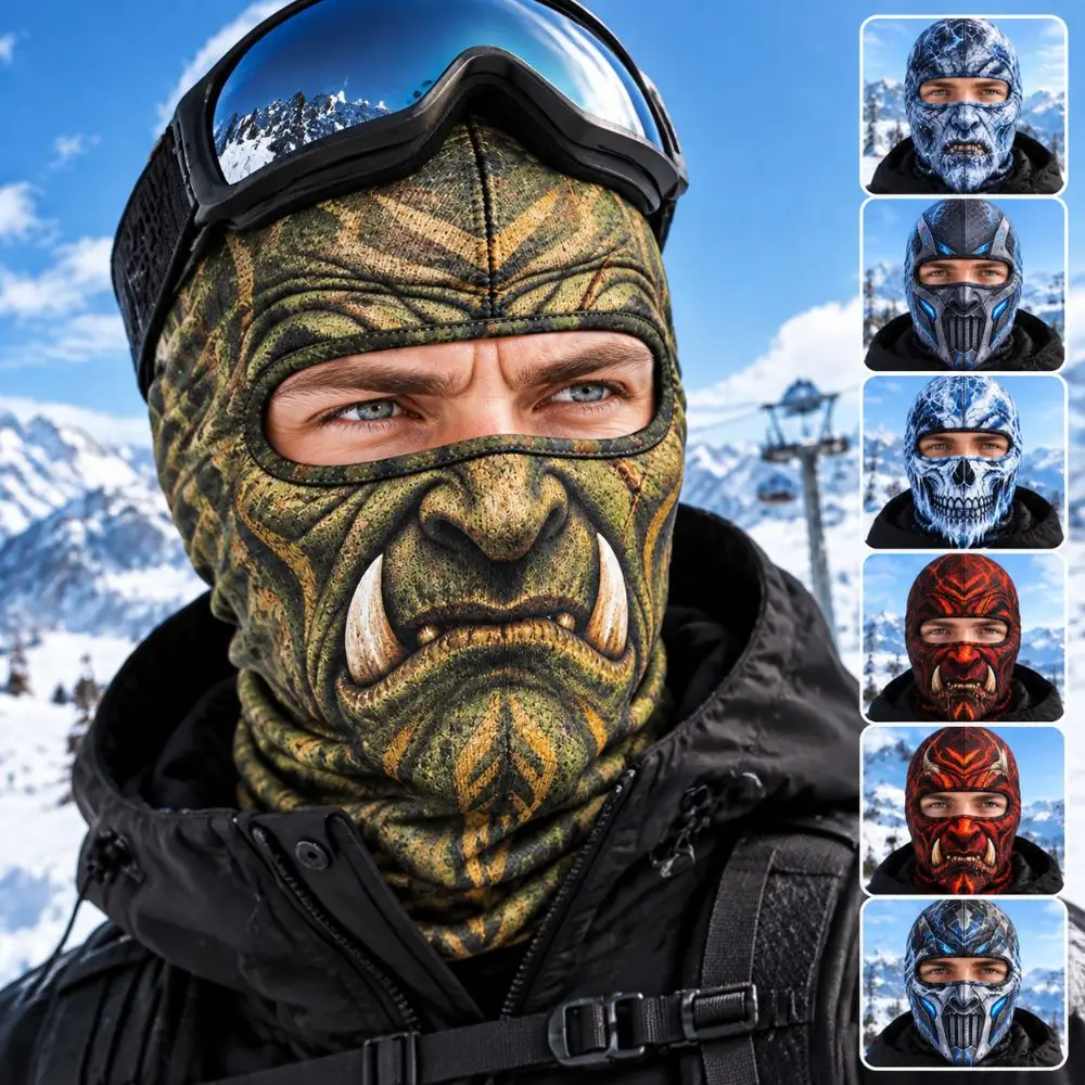 3D Printed Skull Demon Print Funny Ski Mask Breathable Eye Hole Full Coverage Balaclava Face Mask Sweat Absorbent Windproof