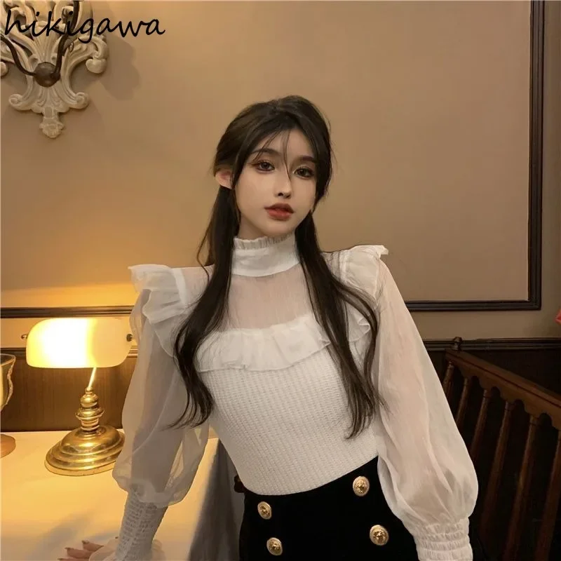 Temperament Chiffon Blouse Women Clothing Patchwork Lantern Sleeve Shirts Bandage Bow Loose Sexy Blouses 2023 Blusas De Mujer