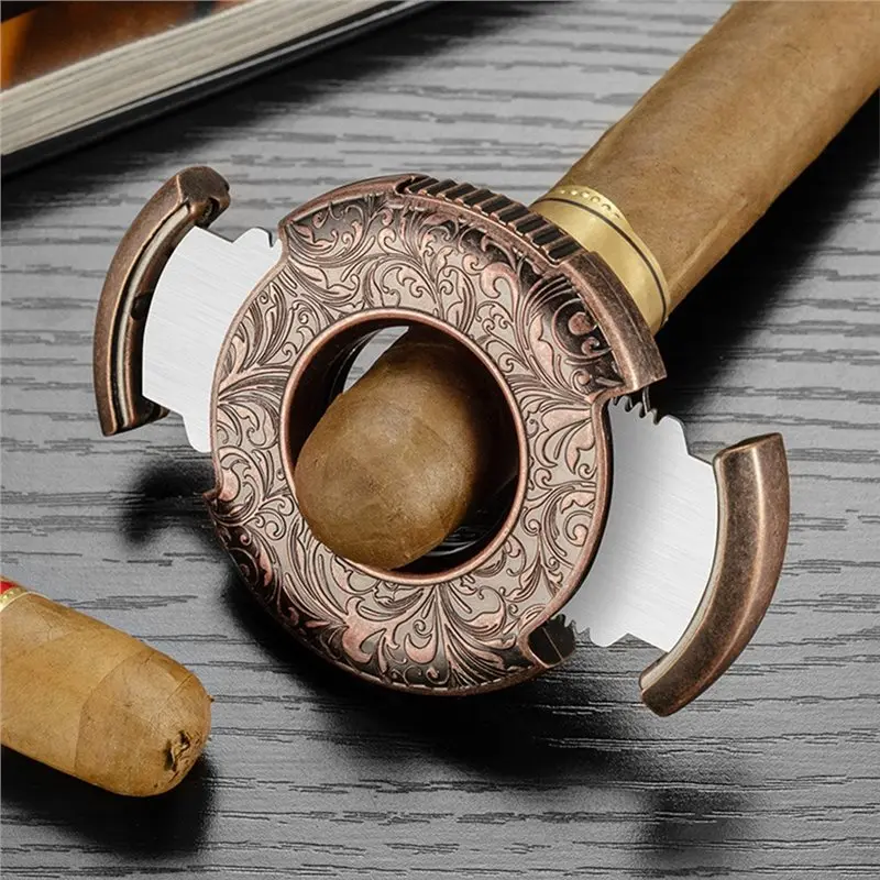 ABRU-Cigar Clipper-Guillotine Style Double Stainless Steel Blade-Engraved Bronze Cigar Cutter