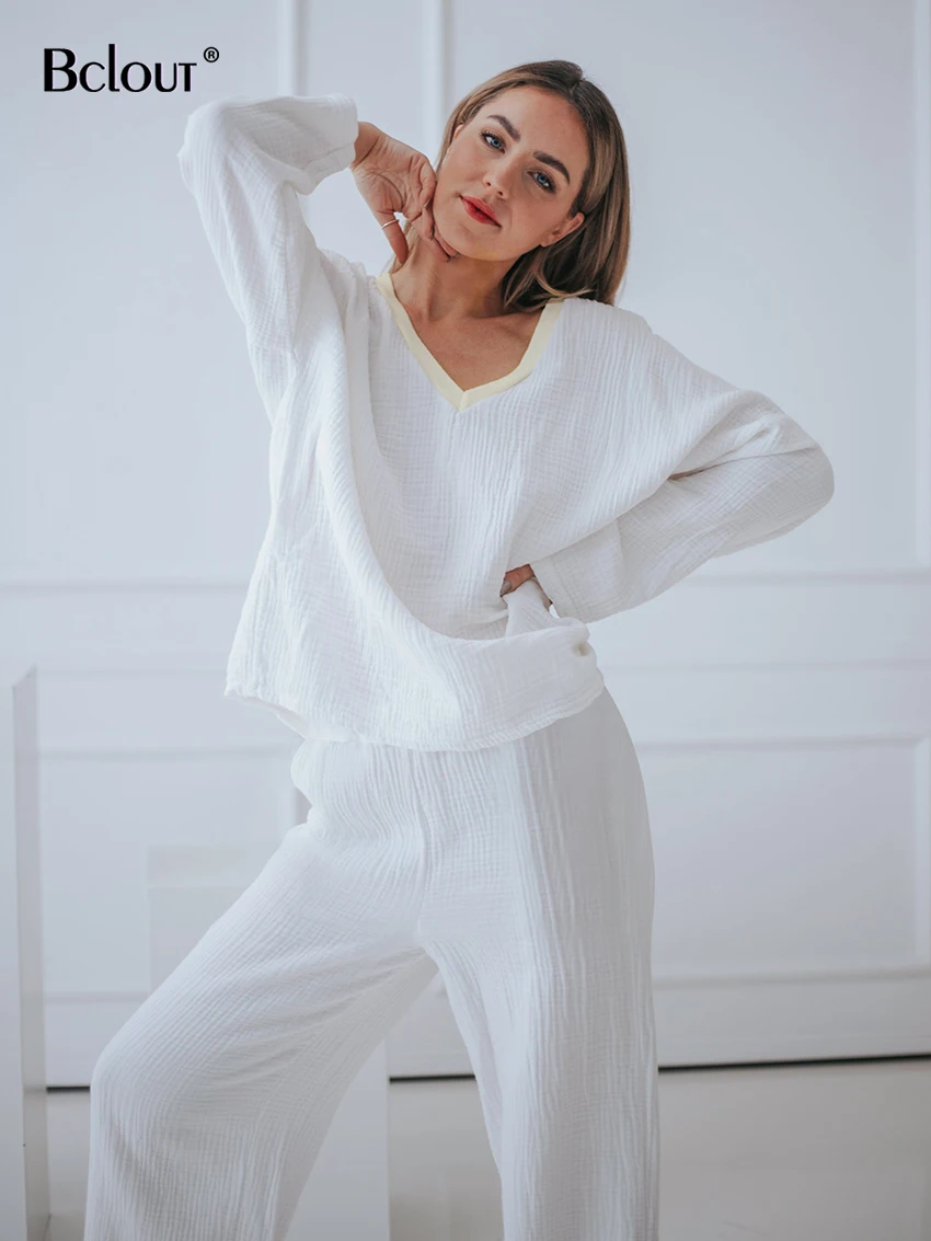 Hiloc Elegant White Cotton Pants Sets Sleepwear Women 2024 Fashion Patchwork V-Neck Loose Tops Casual Trousers Pajamas Female