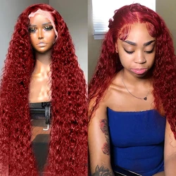 Perruque Lace Front Wig Deep Wave Brésilienne Naturelle, Cheveux Humains, Couleur Rouge Bordeaux 99j, 13x4, 30 Pouces, pour Femme