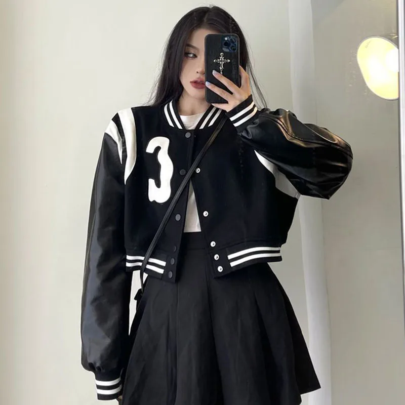 Autumn Chic Crop Jackets Women Vintage Korean Patchwork Tops Fashion Casual Streetwear All Match Baseball Jackets Female New