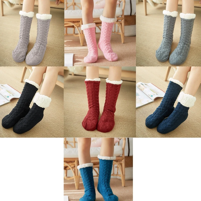 Damen Winter warme dicke Strick-Plüsch gefütterte Slipper-Socken, flauschige Schlafstrümpfe