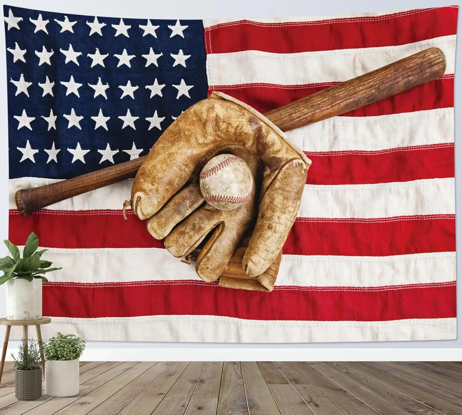 American Flag Baseball Tapestry - Vintage Sports Wall Decor, Patriotic Room Art, Classic Game Theme, Multiple Sizes