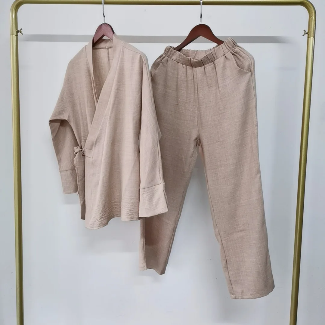 

Muslim Women Kimono Lace Up Tops and Wide Leg Pants Set Dubai Turkey Abaya Kaftan Tracksuit Outfits Femme Musulmane Ensembles