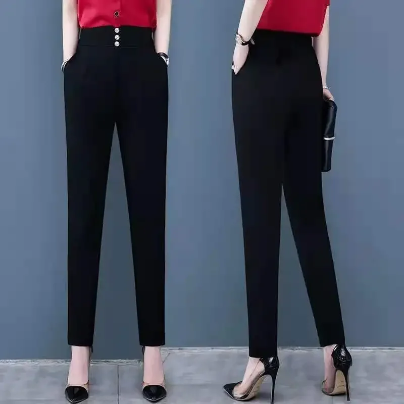 Female Clothing Spring Summer Pants Women Solid Color Pencil Button Pockets Elastic Waist Elegant Fashion Vintage Trousers