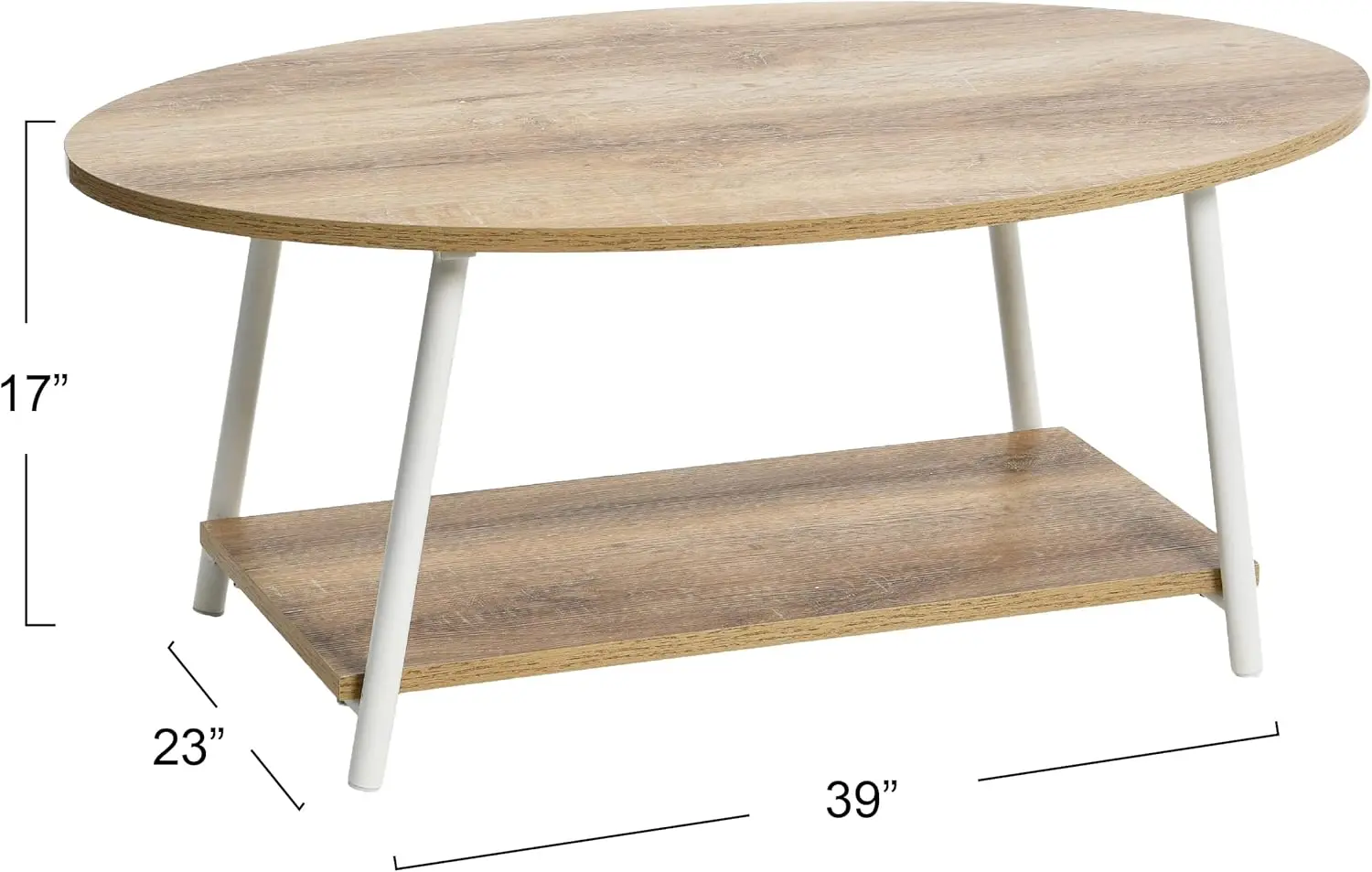 

Jamestown Oval Coffee Table With Storage Shelf Coastal Oak Rustic Wood Grain And White Metal