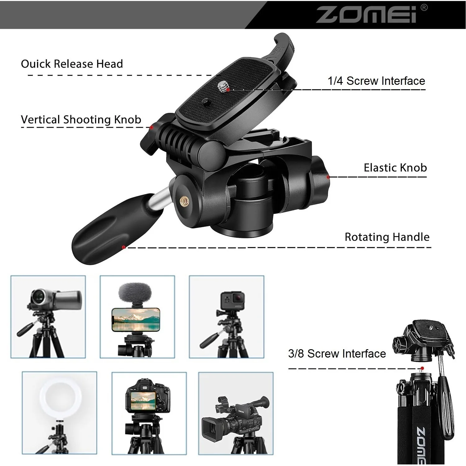 187cm/73.6in Lightweight Aluminum Zomei Tripod for Video, 360°Rotatable Professional Camera Tripod for Mobile Nikon Canon DSLR