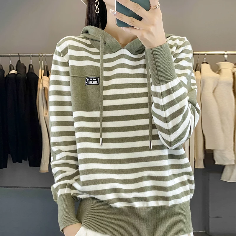

Autumn Winter Hooded Sweater Women Striped Long Sleeve Top Fashion New In Knitted Female Pullover Warm Soft Loose Basic Jumper