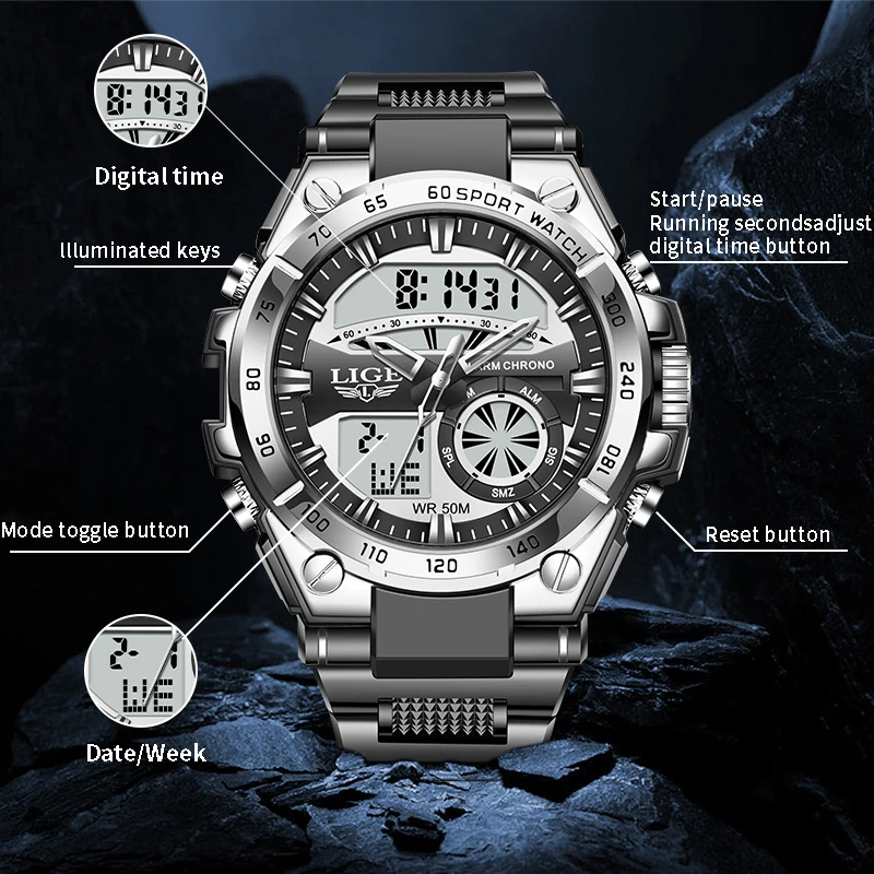 LIGE Luxury Man Watch Fashion Digital Dual Display Sport Men Quartz Watches Luminous Waterproof Military Watch For Men Relojes