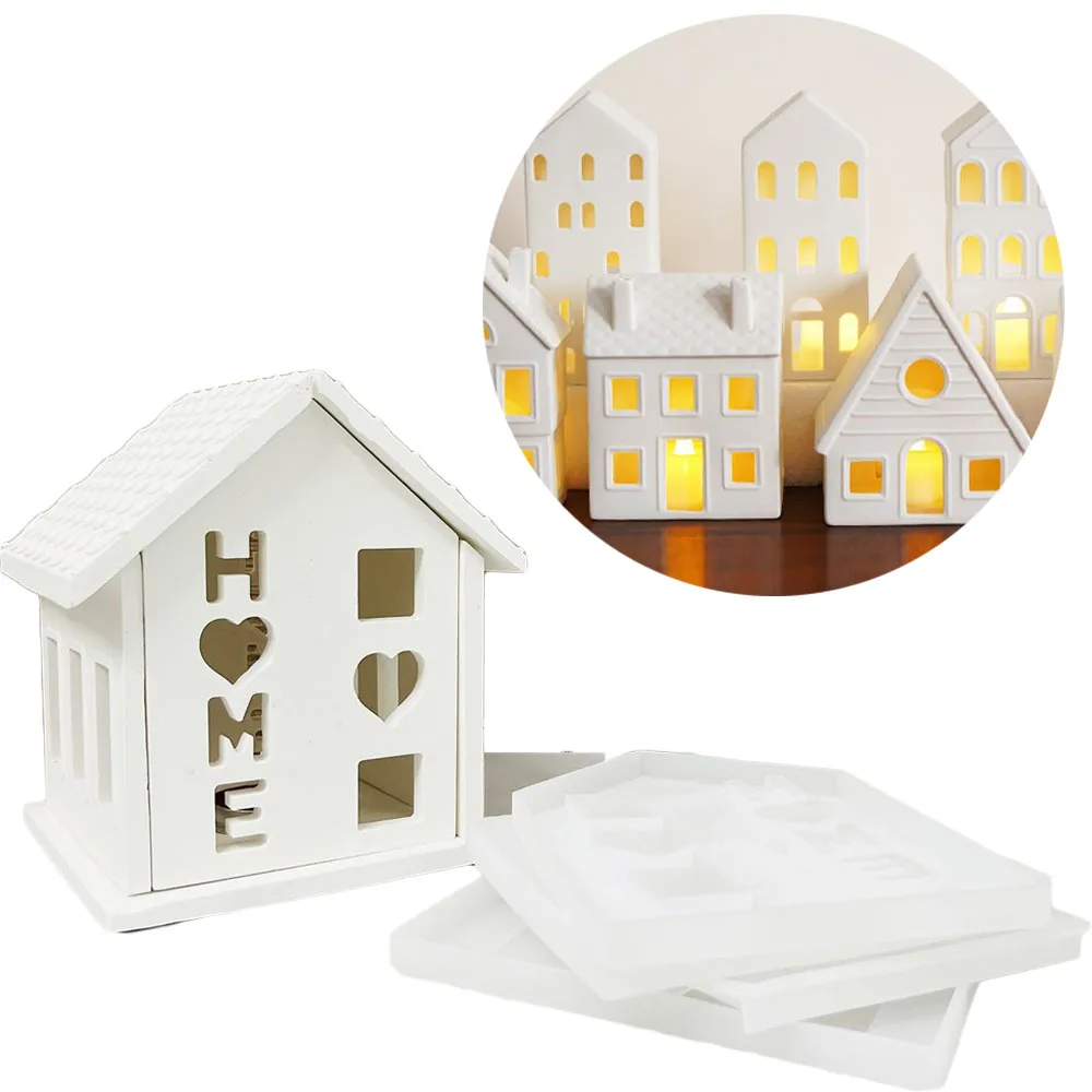 

Splicing Hollow House Silicone Mold House Shape Tealight Holder Plaster Mould Creative Puzzle Candle Holder Building Resin Molds