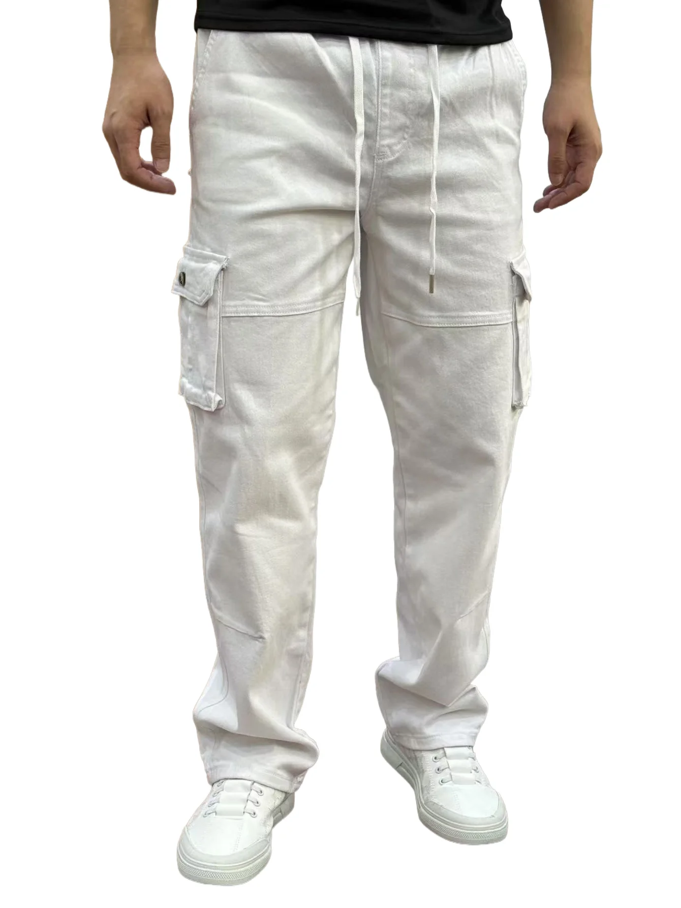 بنطال جينز رجالي من KING JEANS مع حزام خصر مطاطي أساسي أنيق للأعمال كلاسيكي أبيض مستقيم الساق