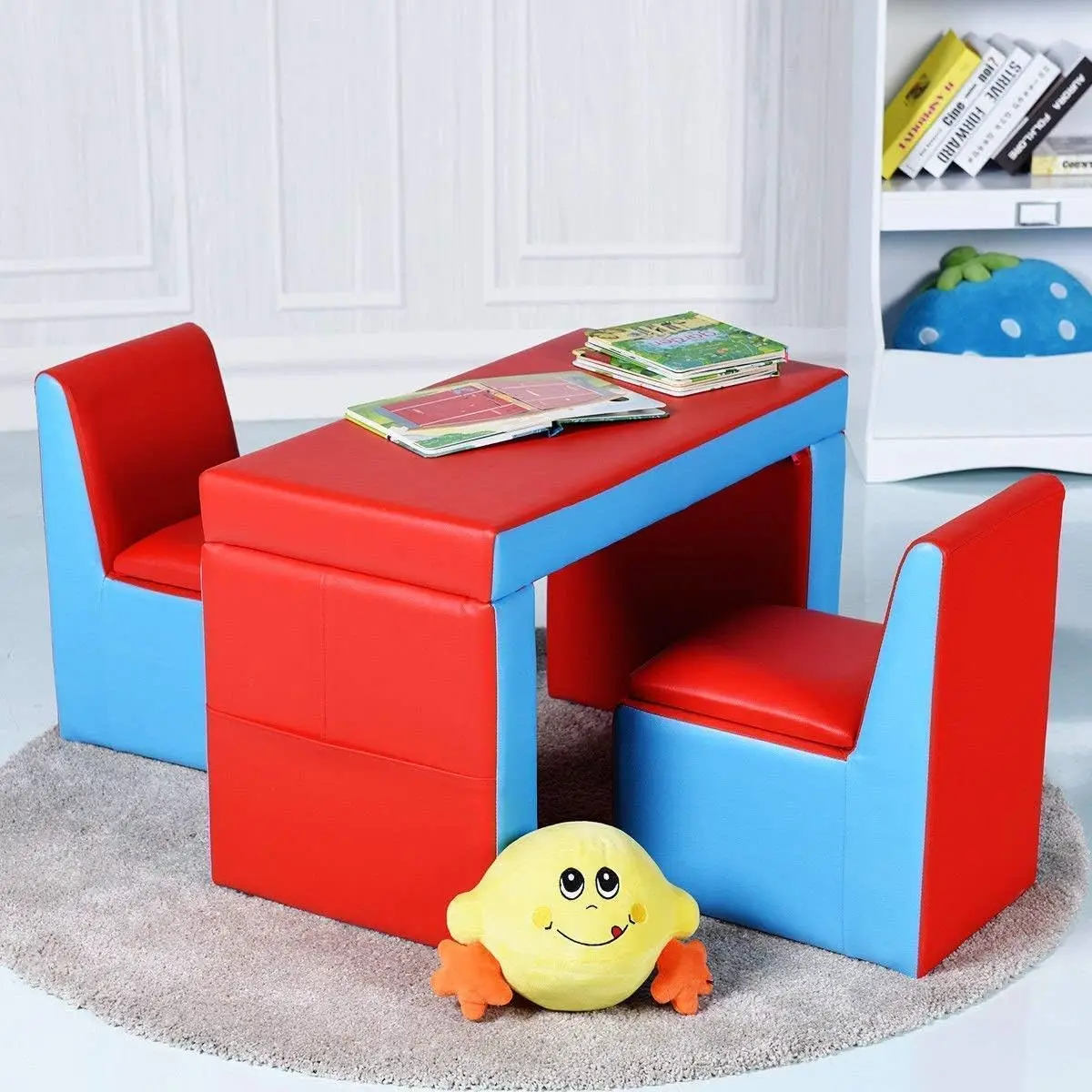 Sofá para niños, sofá para niños 2 en 1 de doble asiento convertido en mesa y dos sillas para la escuela, espacio de almacenamiento, superficie de PVC, L