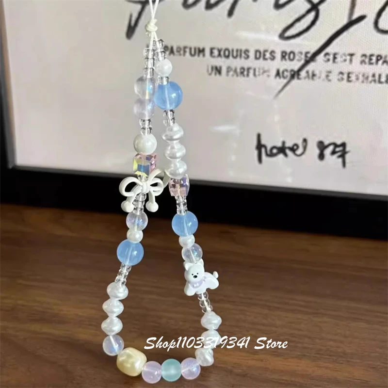 

Корейский милый белый бант, щенок, подвески для телефона из бисера, цепочка для iPhone 16, аксессуары, ремешок для телефона, анти-потерянный ремешок, подвесная веревка для девочек