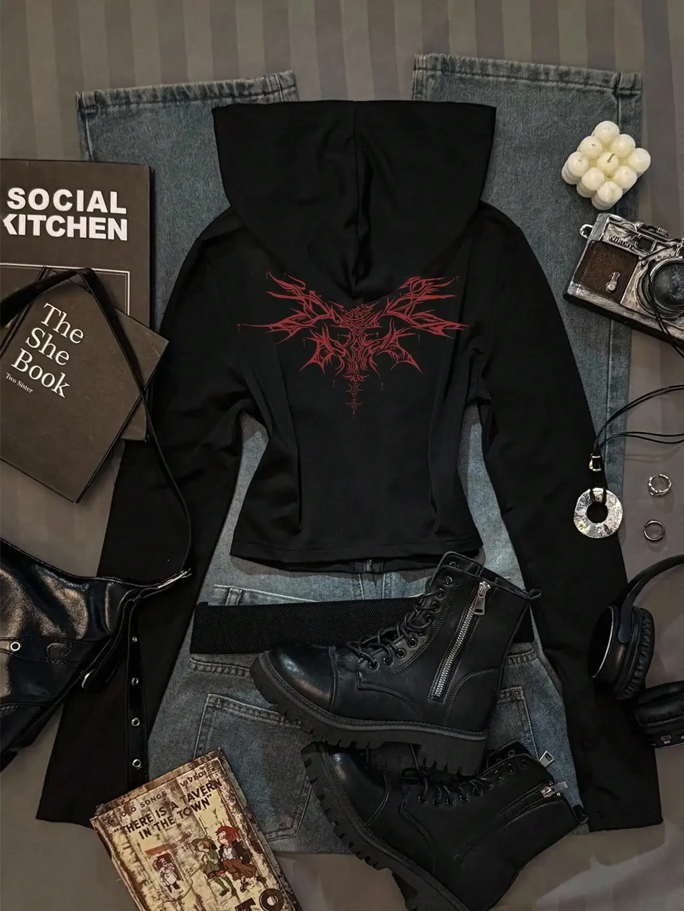 New minimalist casual women's wear printed solid color fitted hooded sweatshirt T-shirt, autumn, zipper cardigan pattern