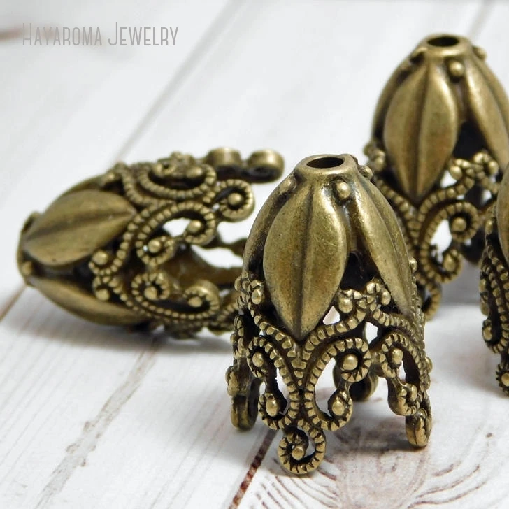 20pcs Bronze Tierra Cast Filigree Floral Bead Charm End Tassel Cap Cone Vintage Keychain Finding Jewelry Making Supplies 29x19mm