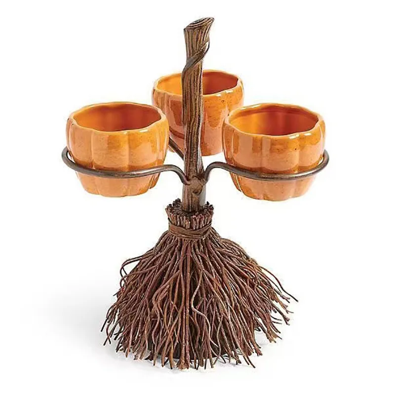 

‌Halloween Witch Broom Pumpkin Cup Separator Decorative Resin Tray Set - Festive Table Centerpiece for Fall Party Decor