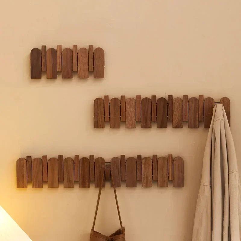 

Walnut Wood Coat Rack Wall Mounted with Hidden Hook Decorative Clothes Hat Key Hanger Closet for Living Room Hallway Furniture