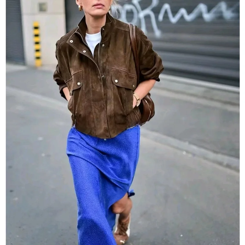 

Fall New Women's Loose Fit Stand Collar Long Sve Faux Suede ort Jaet Coat American Retro Sle Casual Zipper Polyester...