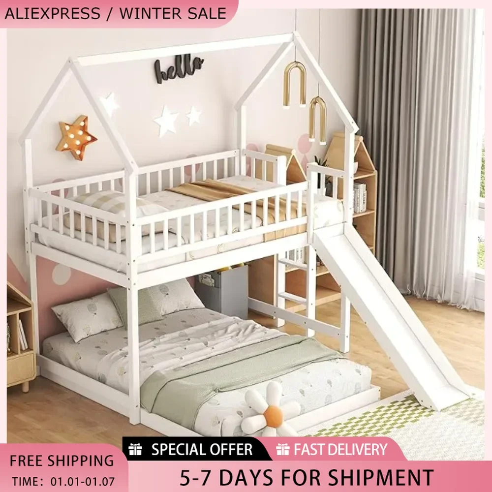 

House Bunk Bed with Slide and Ladder and Twin Over Full Wooden Bed Frame with Full-Length Guardrail for Bedroom Boys Girls