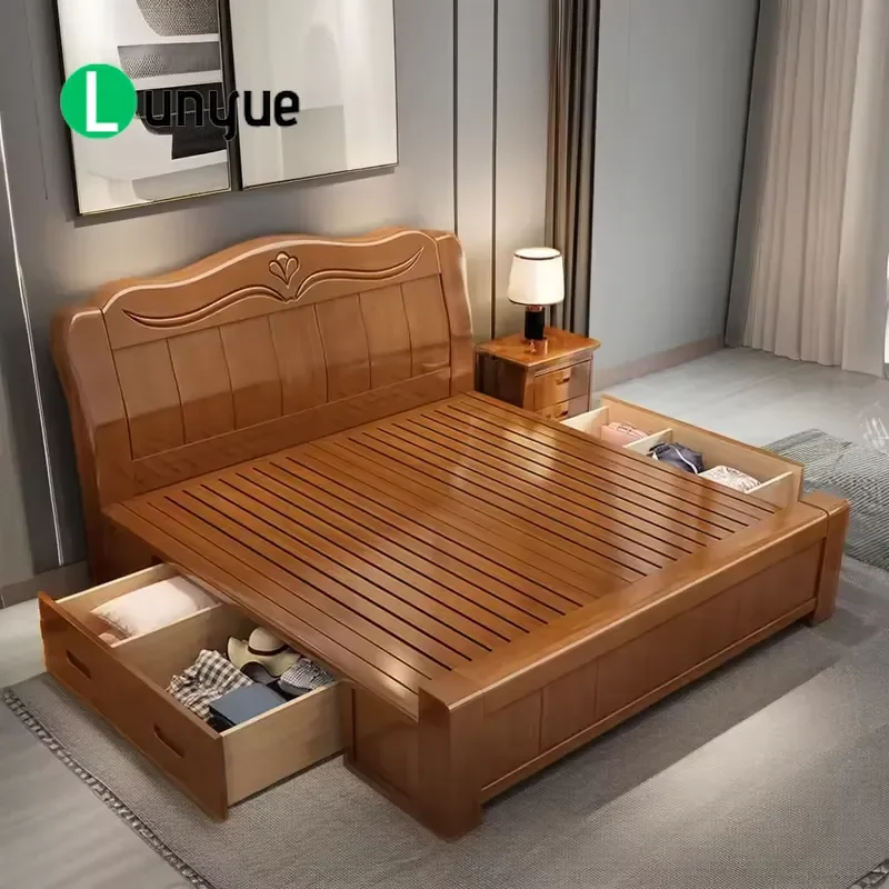 European Modern Solid Oak Platform Bed with Storage Space Saving Durable Eco Friendly Large King Size Bedroom Furniture