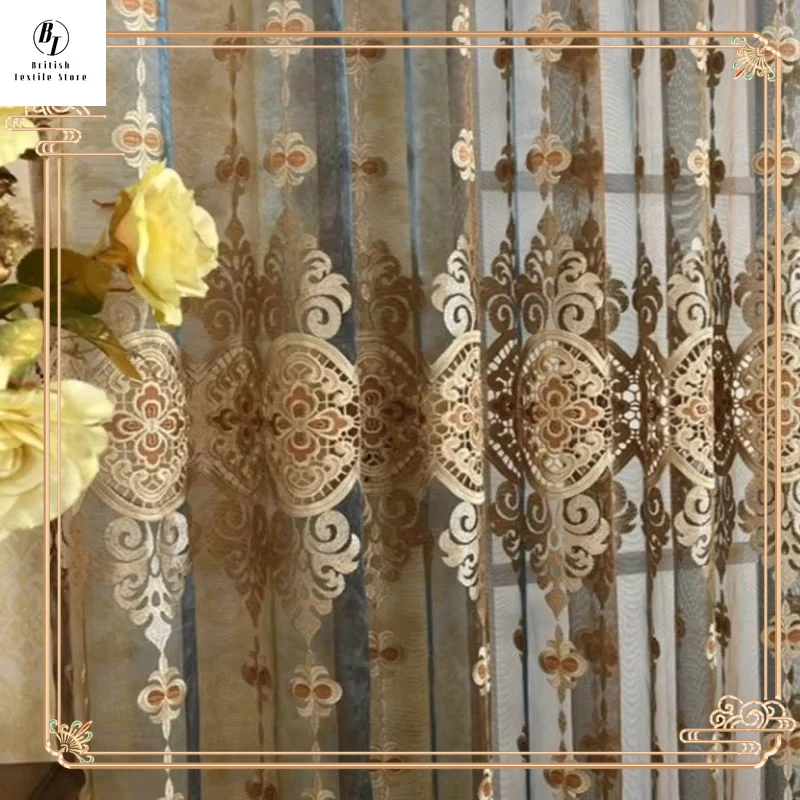 

European Luxury Embroidery Coffee Beige Tulle Sheer Curtains for Living Room Bedroom Dining Thicken Window Decor Custom Thicken