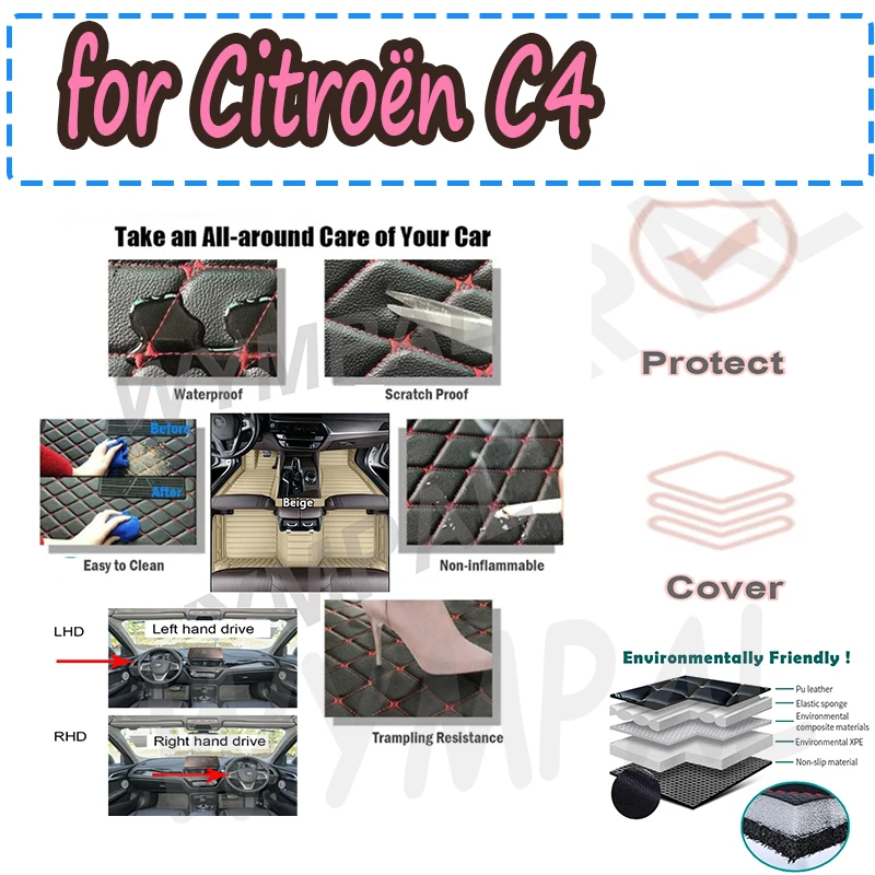 

Роскошные автомобильные коврики для Citroën C4 Cactus 2014 ~ 2020, водонепроницаемый кожаный автомобильный коврик, полный комплект Tapete Automotivo Para Carro Car