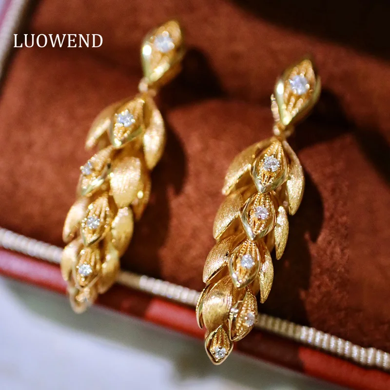 

LUOWEND 100% 18K Yellow Gold Earrings Fashion Design Real Natural Diamond Drop Earrings&Pendant for Women High Party Jewelry Set