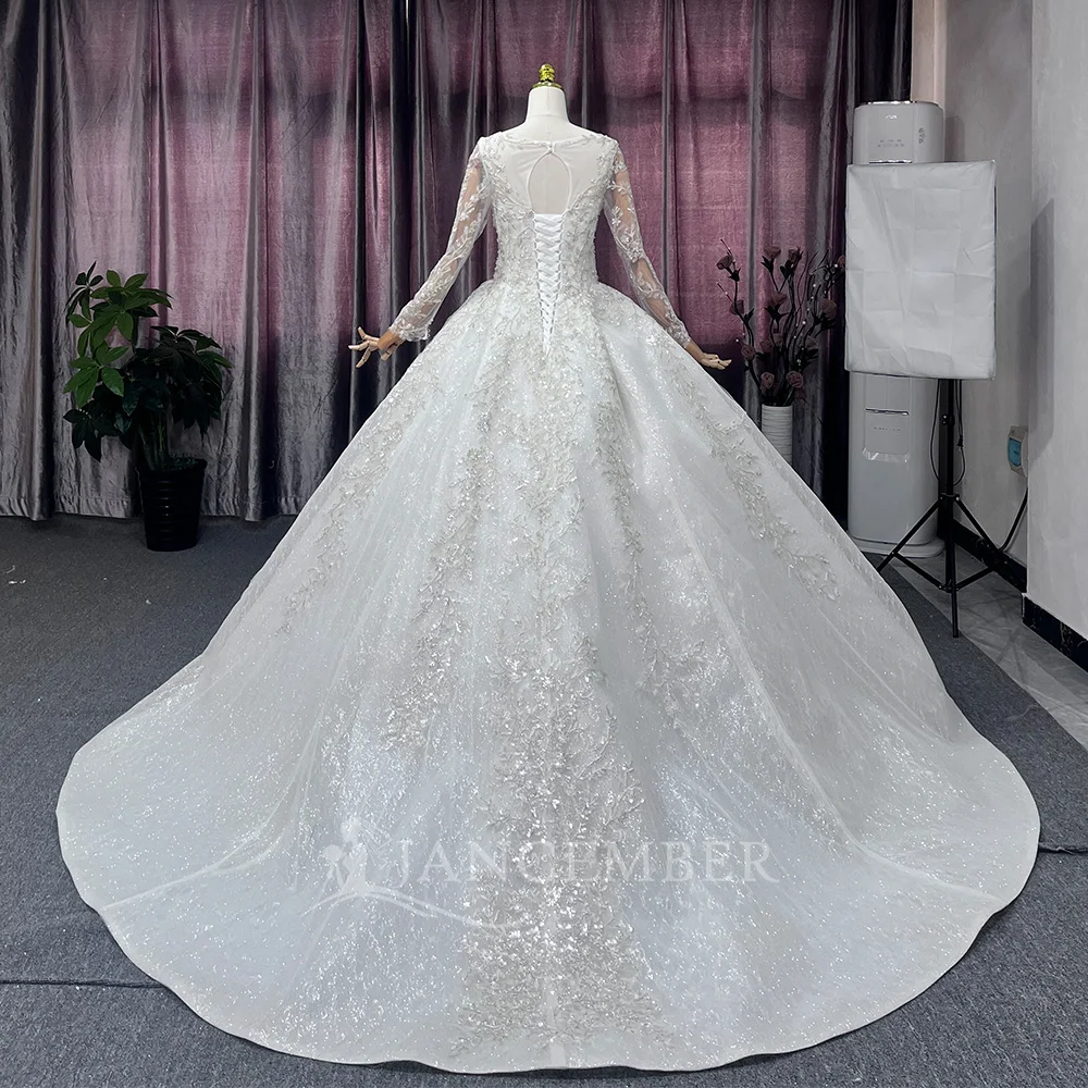 Customzied vestidos de novia boda Ball Gown Wedding Dresses Princesse O Neck Long Sleeves Elegant Lace Shiny Bridal Gowns