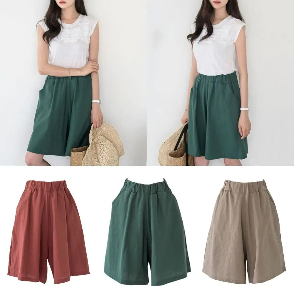 

Fashion Elastic Waist Women Fifth Pants Linen Cotton Loose Casual Shorts Plus Size Solid Color Knee Length Trousers Summer