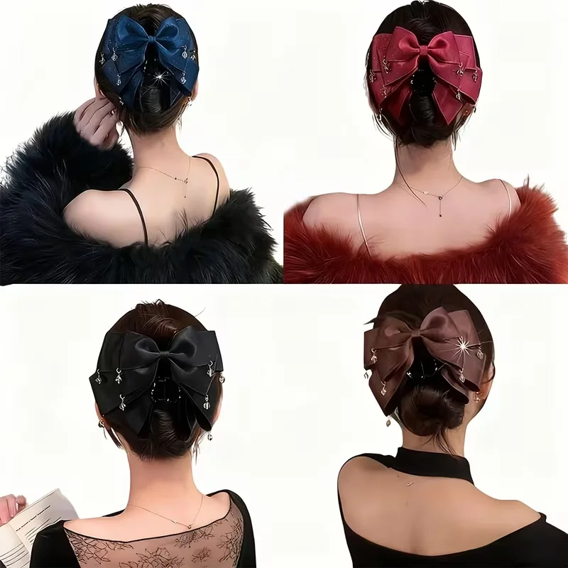 1 Stück künstlicher Kristallanhänger und mehrschichtige Stoffschleife, Acryl-Haarspange, eleganter Quastenanhänger für Damen, Haarspange mit Schleife. – Detail 7