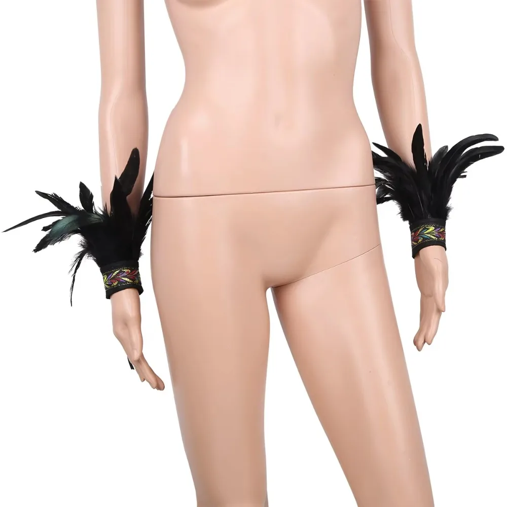1 Piar Gothic Halloween Carnival Feather Wrist Cuff Embroidered Band Adjustable Straps Fluffy Feather Gloves Cuff Unisex
