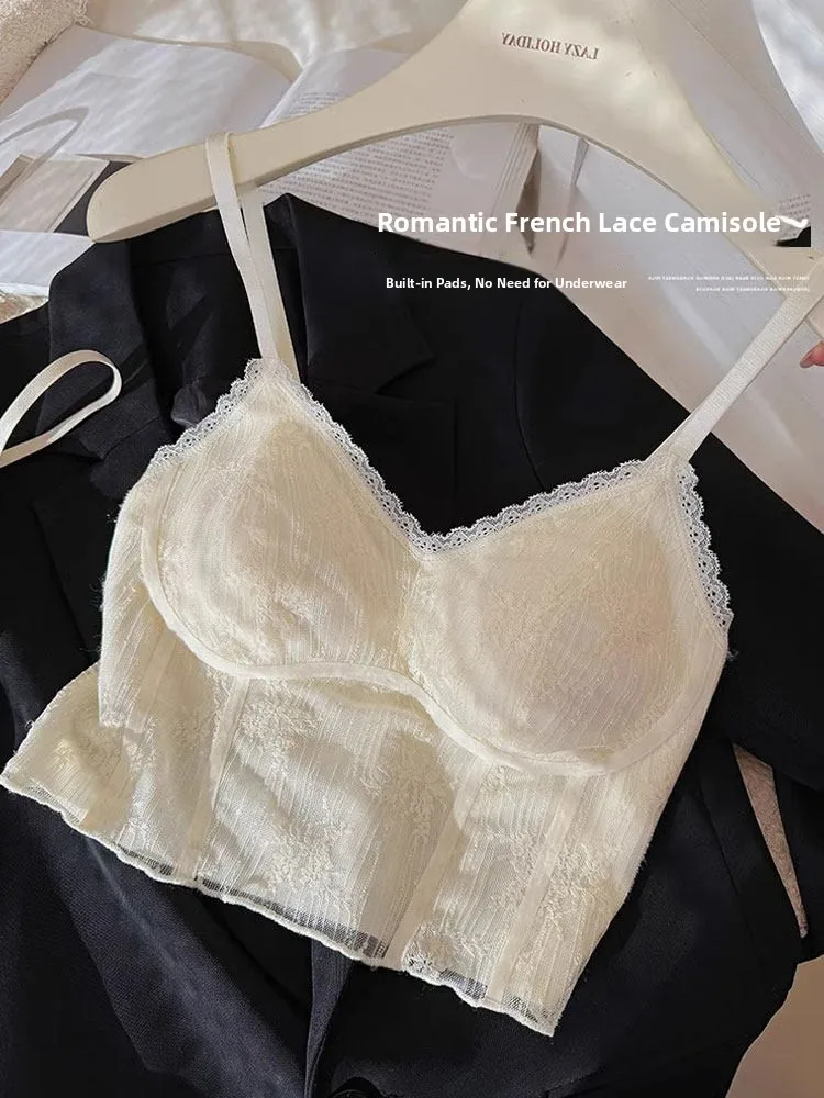 Deep V Lace Strap Vest Women's Inner Wear Integrated Chest Pad Bra  Beautiful Back Base Attracting Top Street Style