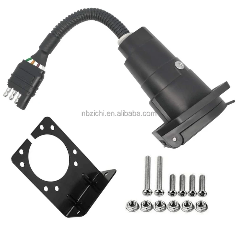OEM 4Way Flat Plug to 7 Way Round Blade Socket Trailer Light Adapter Kit with Mounting Bracket